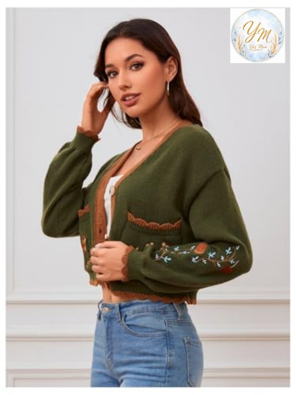 Women's Floral Embroidered Cropped Cardigan Boho Open Front Sweater - Picture 3 of 7